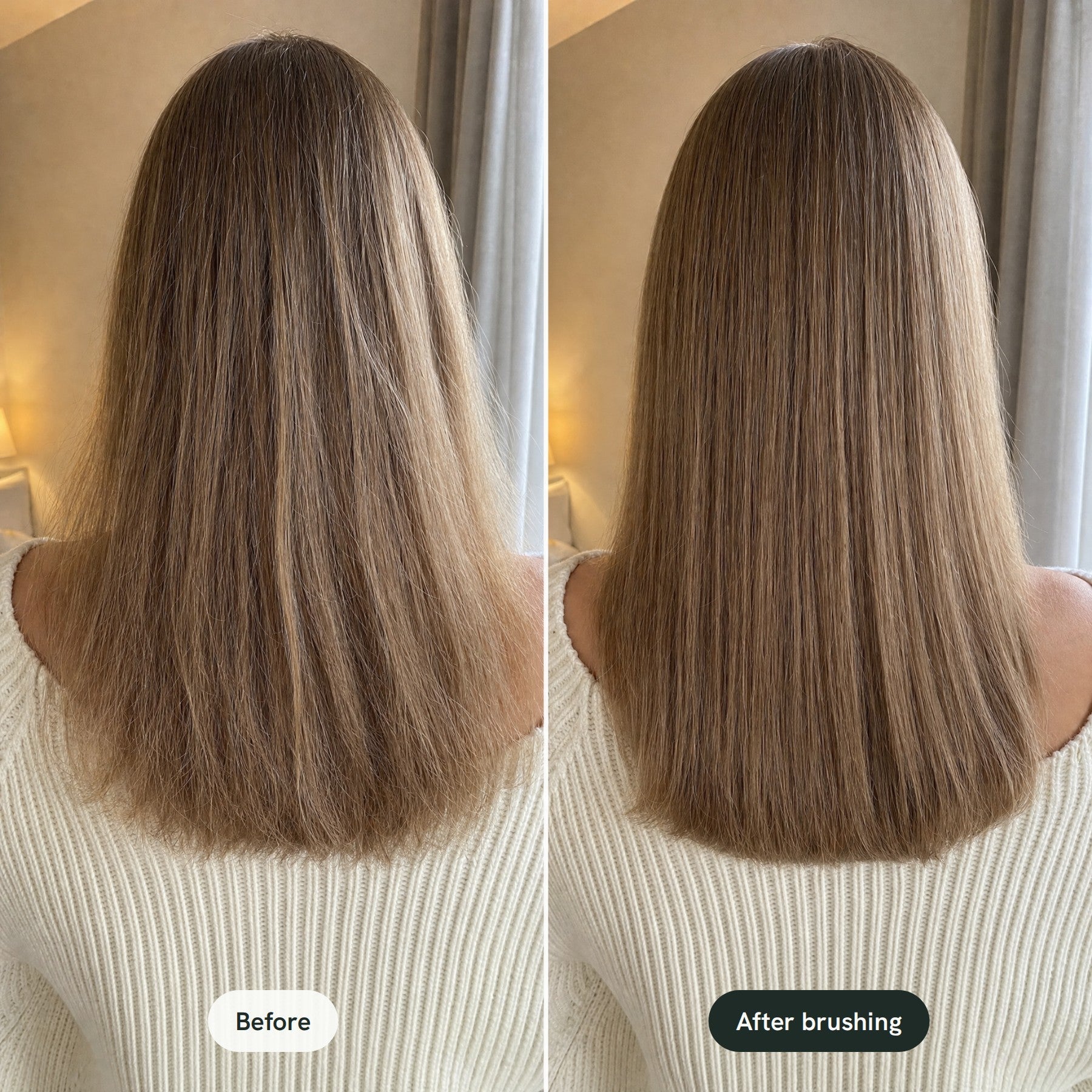 Before and after brushing: smoother lengths with a soft sheen