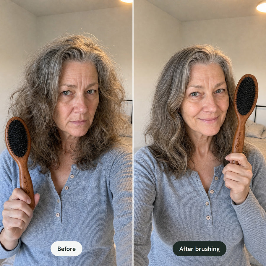 Before and after brushing: knotted ends worked through with the AirTouch Brush