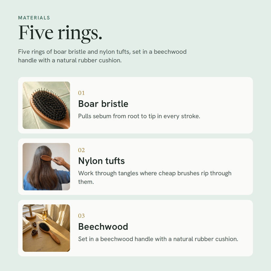 Materials: boar bristle, nylon tufts and a beechwood handle