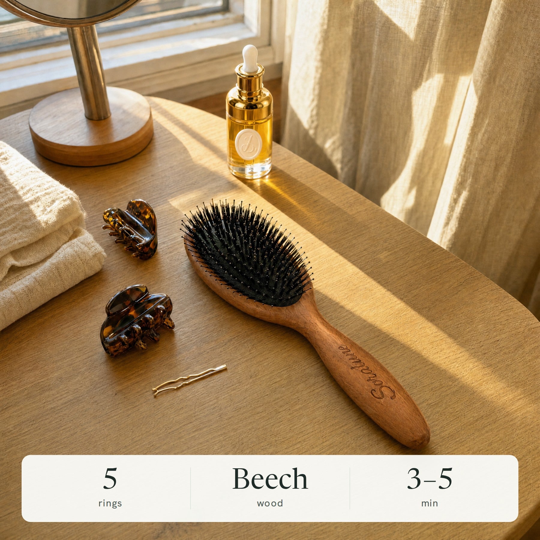AirTouch Brush and Lumina Oil on a dressing table: 5 rings, beech wood, 3 to 5 minutes