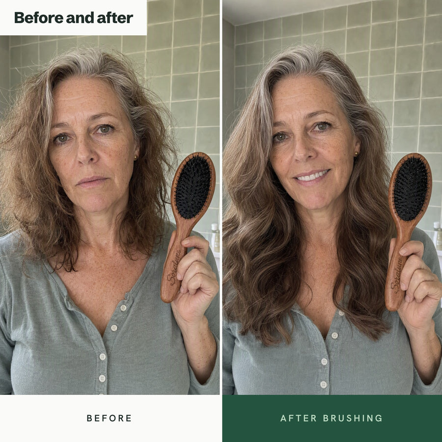 Proof 1: the same woman, knotted and frizzy, then brushed into long glossy waves, smiling