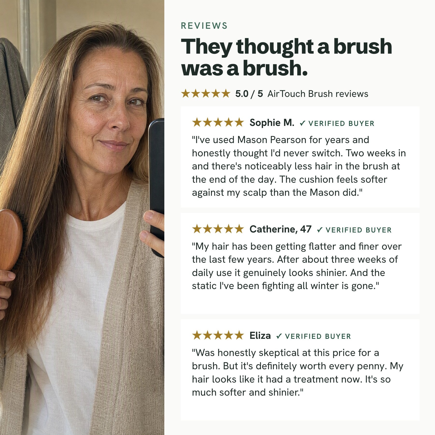 Social proof: the Mason Pearson switcher, the 47-year-old, the price skeptic, beside a customer selfie