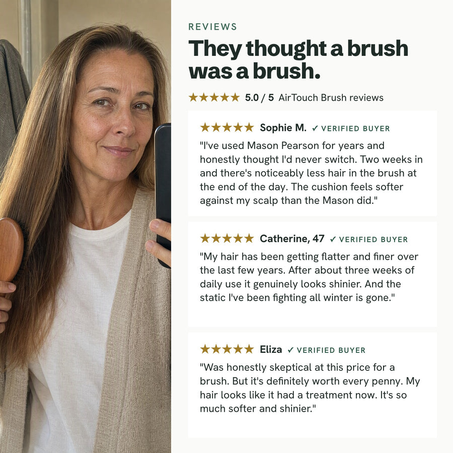 Social proof: the Mason Pearson switcher, the 47-year-old, the price skeptic, beside a customer selfie