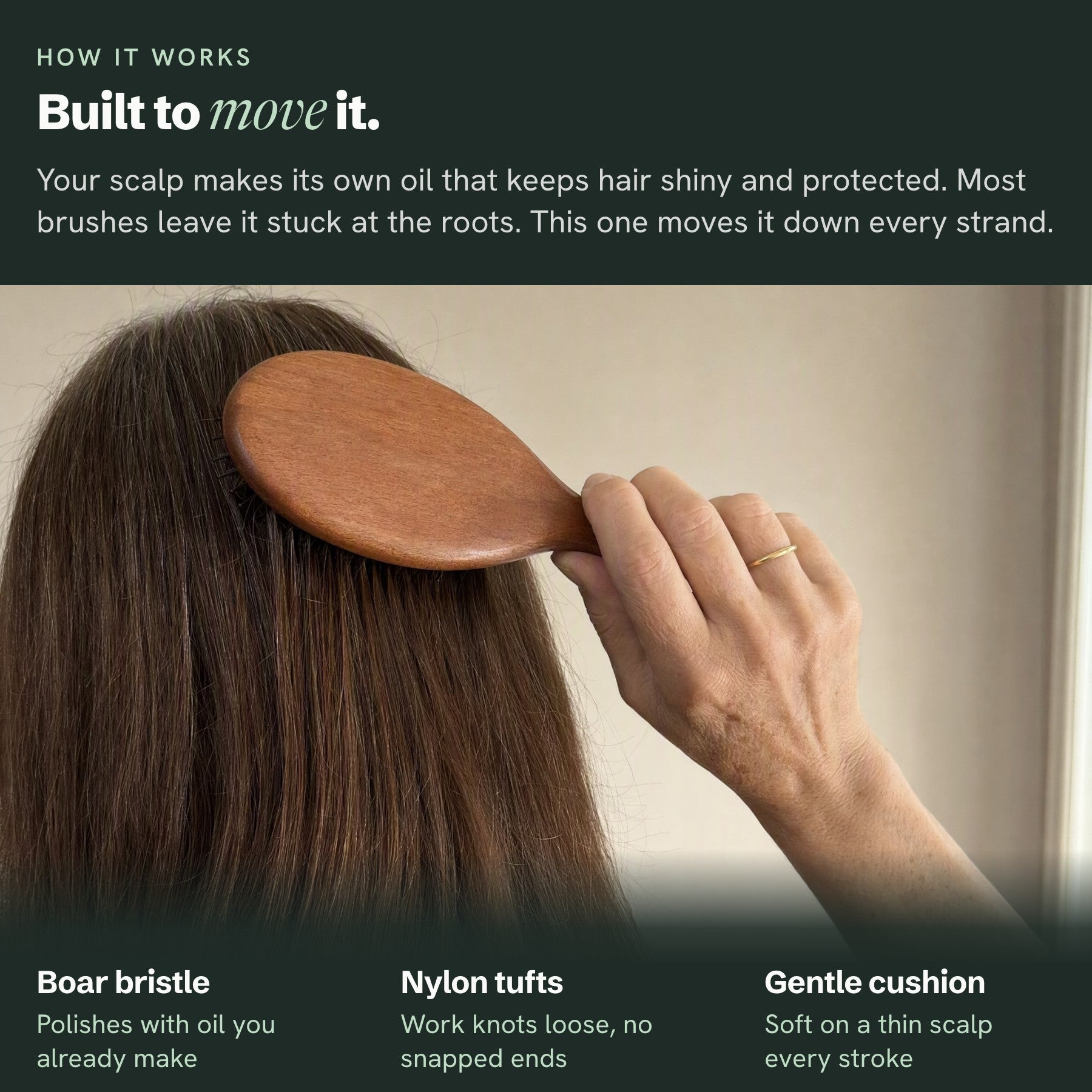 Solution mechanism (same grid): boar bristle, nylon tufts, cushion; a real grip