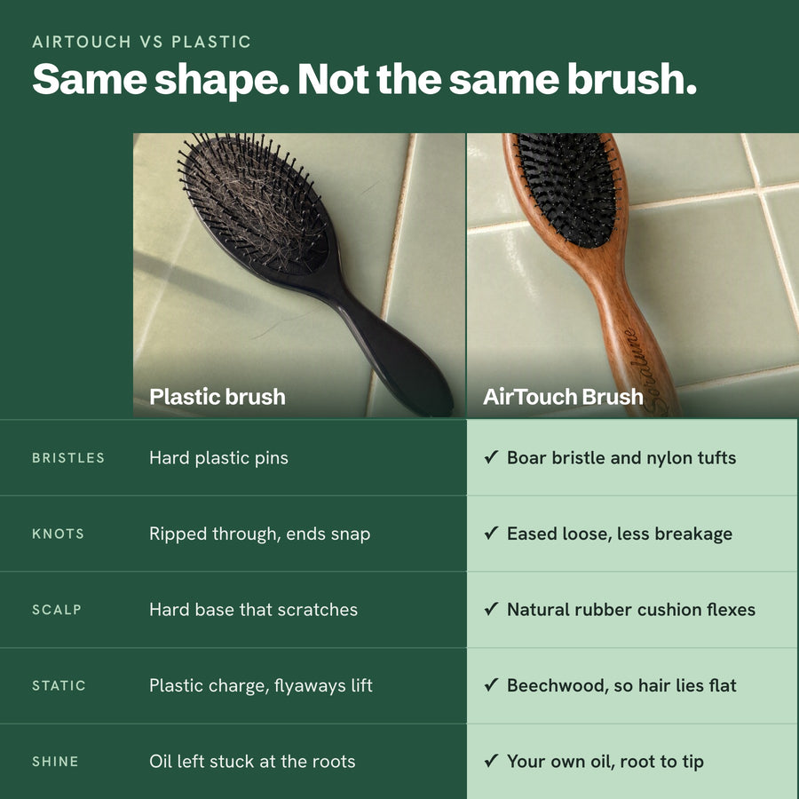 Us vs them: AirTouch vs the oval plastic brush she owns (Lumina v10 table look)