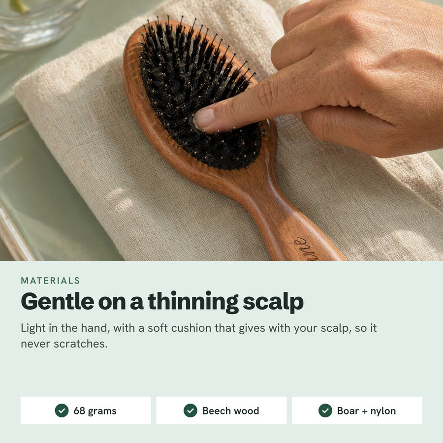 Material macro: the cushion gives under a fingertip; the page specs