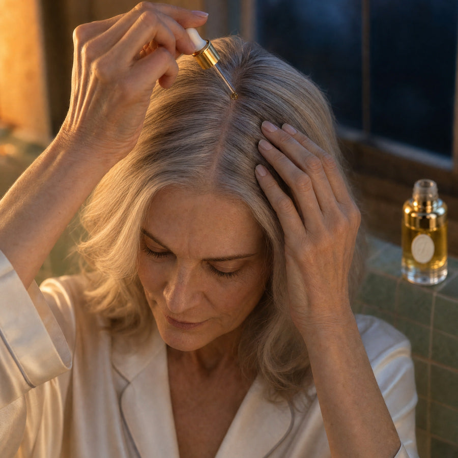 A woman placing a drop of Lumina Oil on her parting
