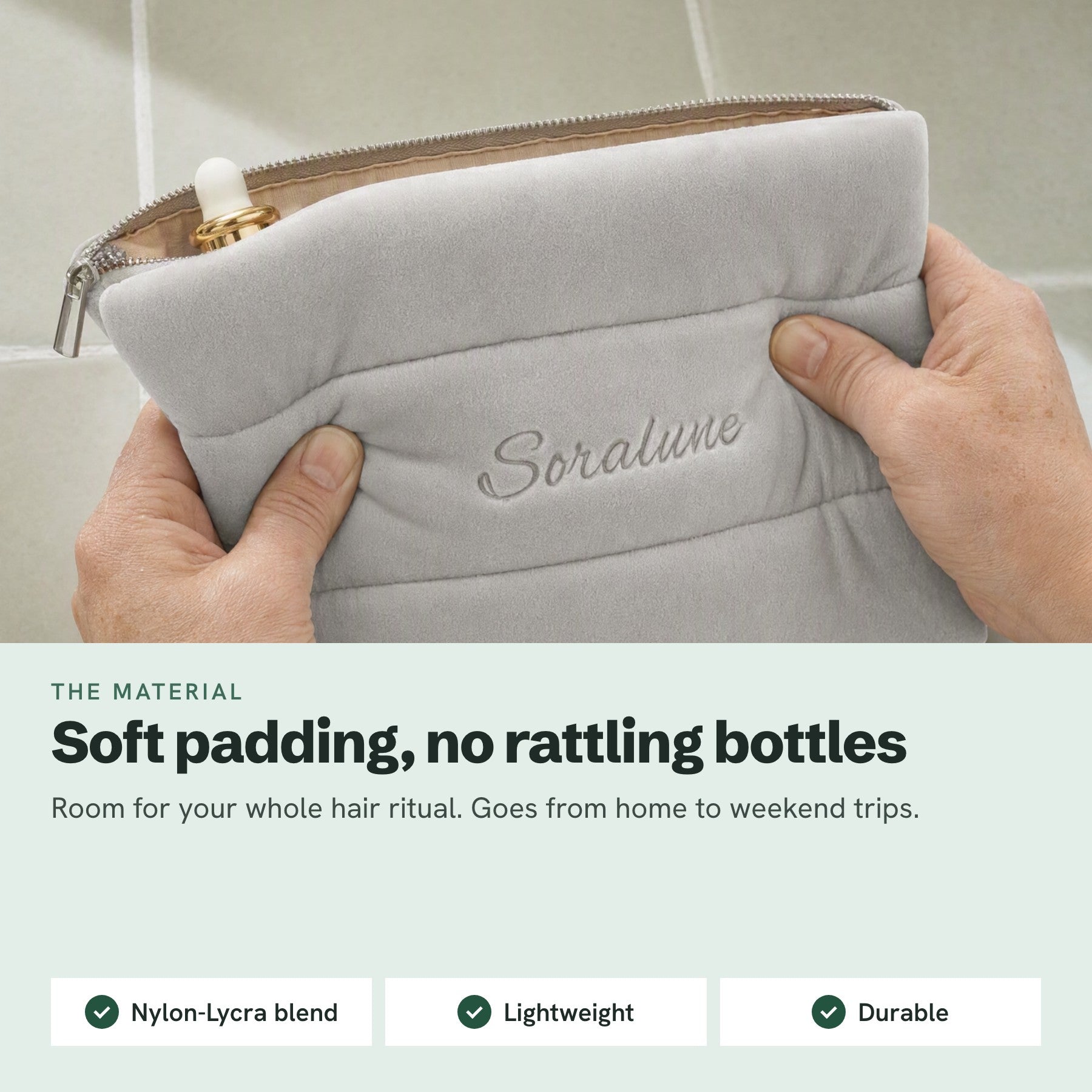 Material macro: the padding squeezed, the glass bottle inside