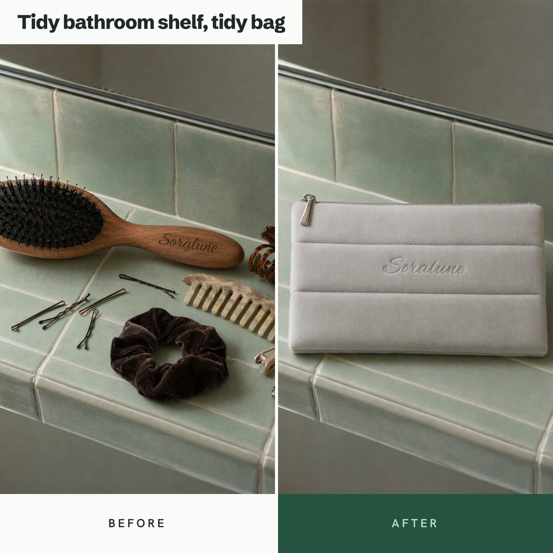Outcome before/after: the hair things on the shelf, then one bag (as approved in v2)