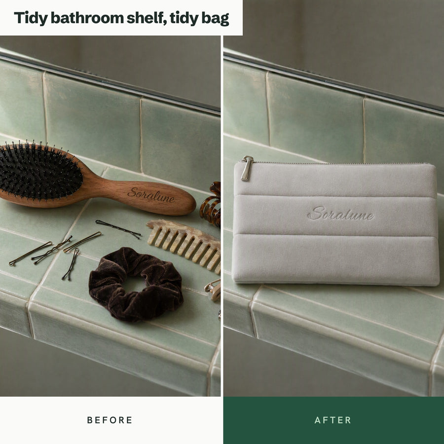 Outcome before/after: the hair things on the shelf, then one bag (as approved in v2)
