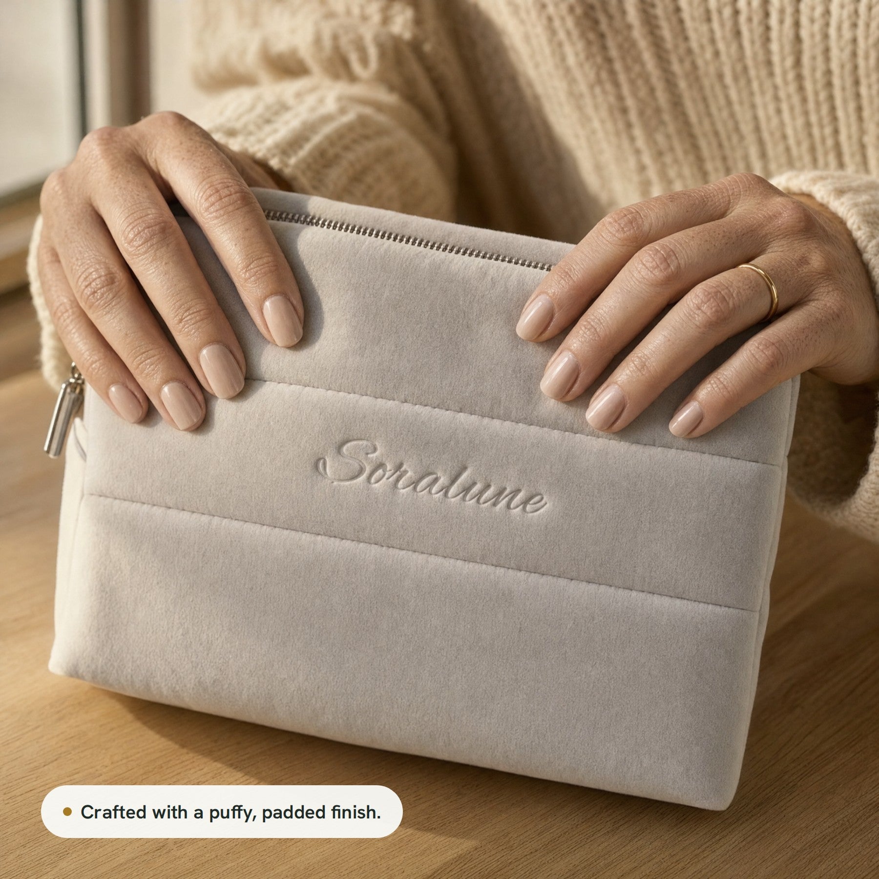 Hands pressing the puffy, padded finish of the Puffy Beauty Bag