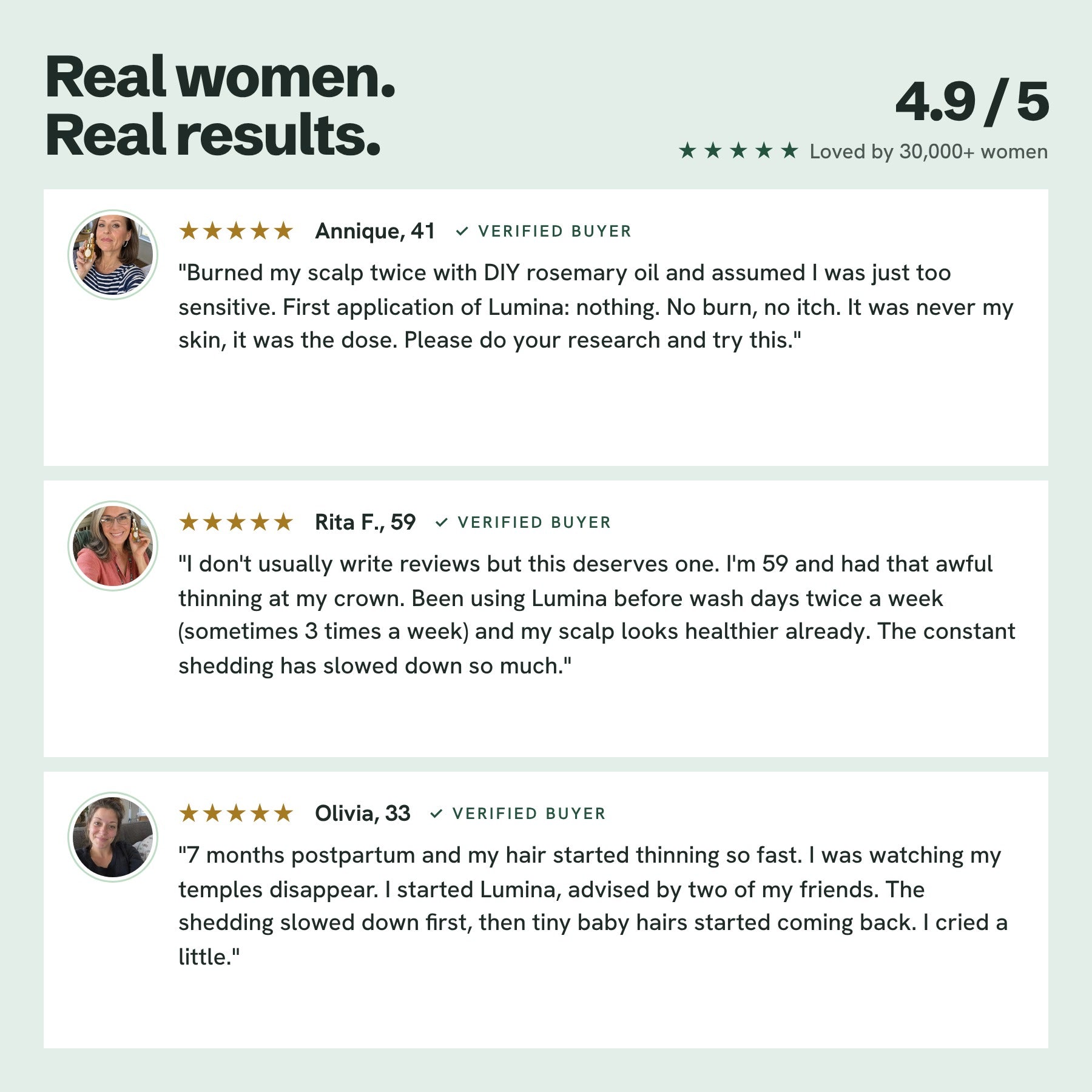 Real women, real results: reviews from Annique, Rita and Olivia, rated 4.9 out of 5