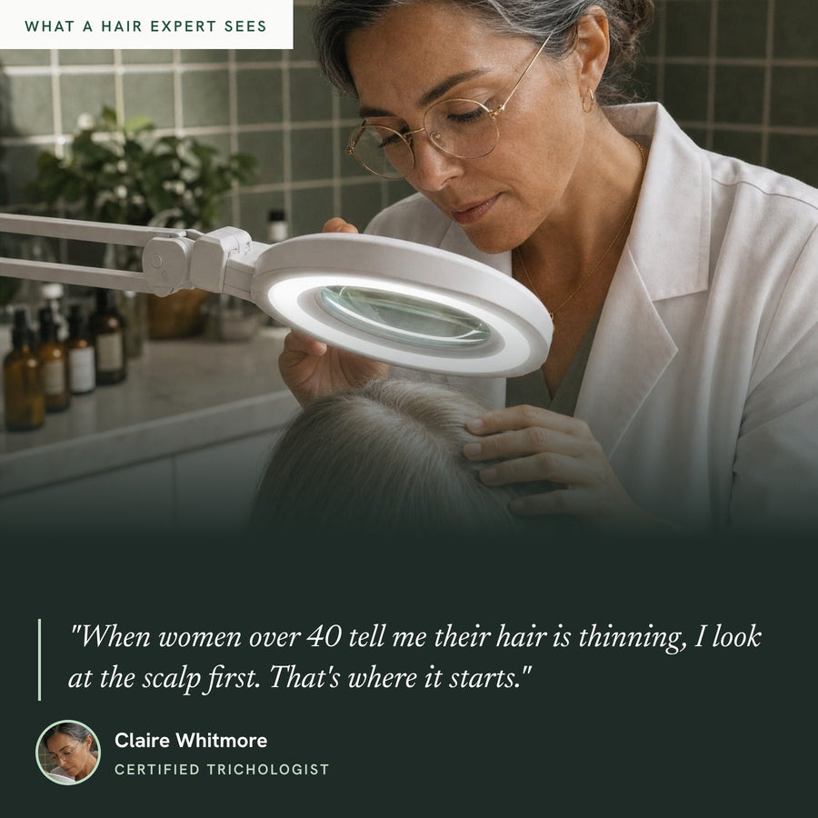 Claire Whitmore, certified trichologist, checking a scalp under a magnifier