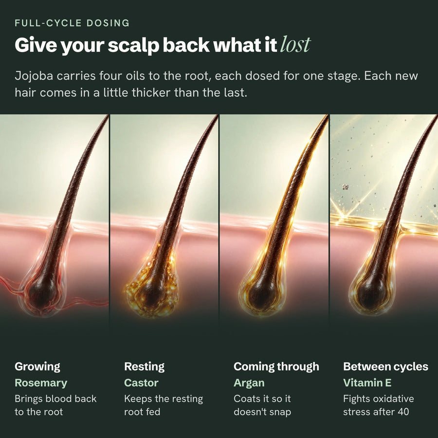 Full-cycle dosing: rosemary, castor, argan and vitamin E, one for each stage of the hair cycle; vitamin E fights the oxidative stress that ages the scalp after 40
