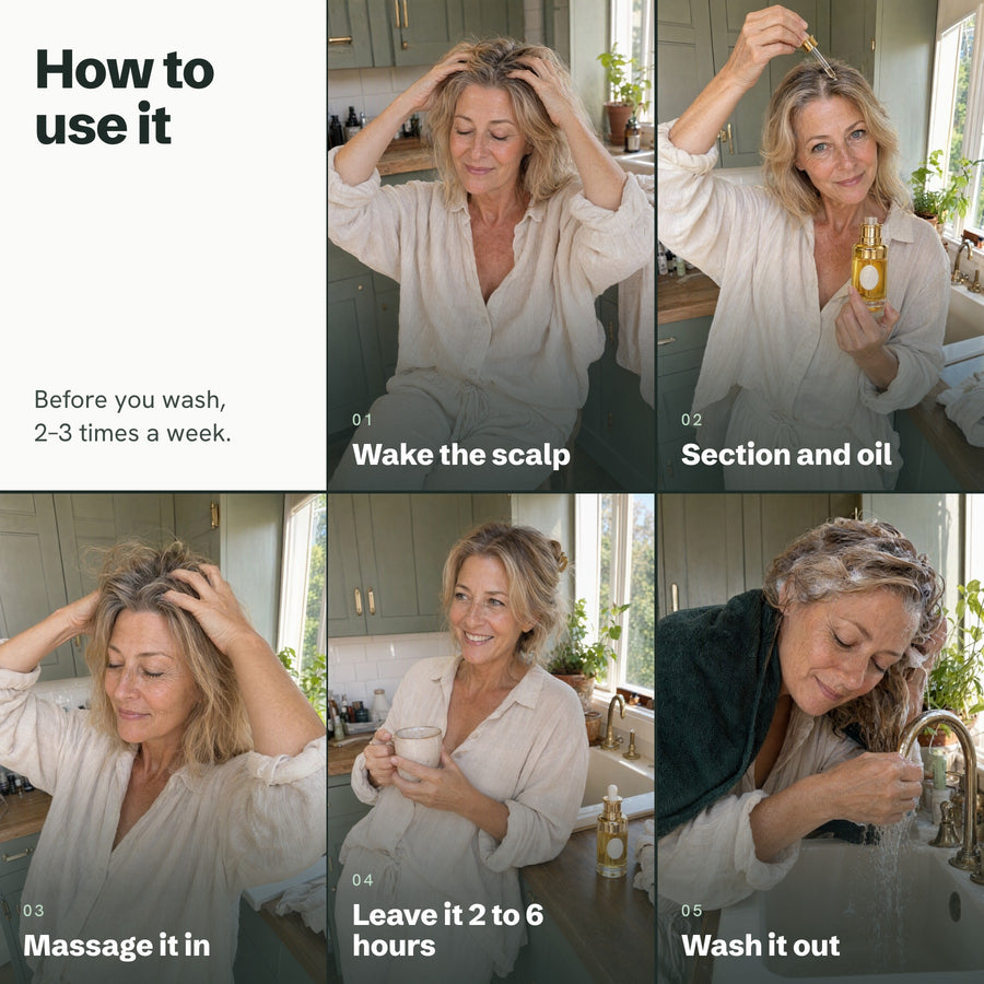 How to use Lumina before your hair wash, 2–3 times a week: wake the scalp, section and oil, massage it in, leave it 2 to 6 hours, wash it out