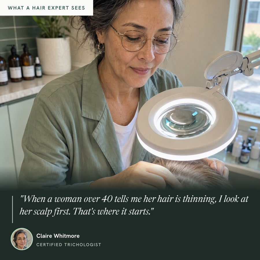 Claire Whitmore, certified trichologist, examining a client's part under a magnifier lamp